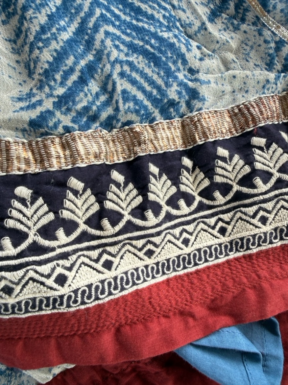 Soft Surroundings Blue Chevron Maxi Skirt with Black Tassel and Maroon Border - Picture 2 of 9
